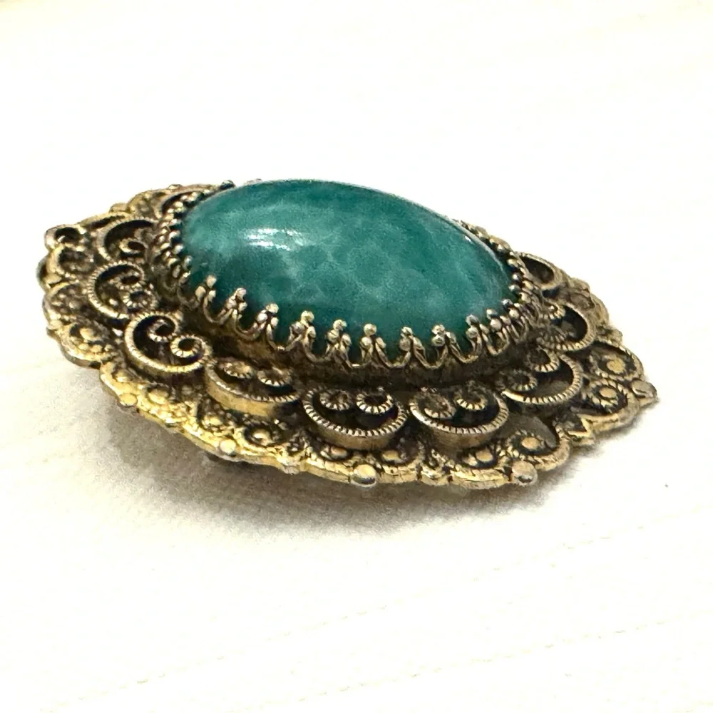 Victorian Goldette Filigree Turquoise Pecking Glass Pendant/Brooch